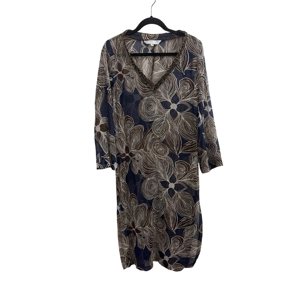 Silk Dress Floral Boho Trina Turk Womens 8 Blue Brown Beaded V-Neck Bell Sleeve